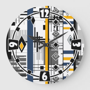 Abstraktes modernes schwarz weiß gelbes Ornament g Große Wanduhr