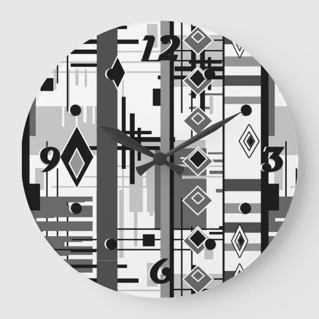 Abstraktes modernes Schwarz-weiß-gelbes Ornament Große Wanduhr (Vorderseite)