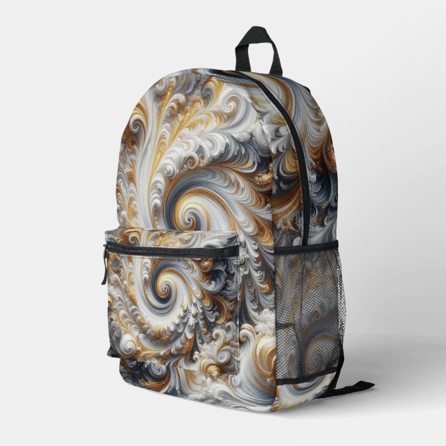 Abstraktes, modernes Swirbelgold, Schwarz und Weiß Bedruckter Rucksack (Rückseitige Ecke Rechts)