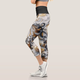 Abstraktes, modernes Swirbelgold, Schwarz und Weiß Capri Leggings