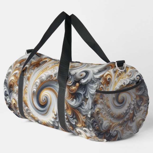 Abstraktes, modernes Swirbelgold, Schwarz und Weiß Duffle Bag (Rechte Ecke)