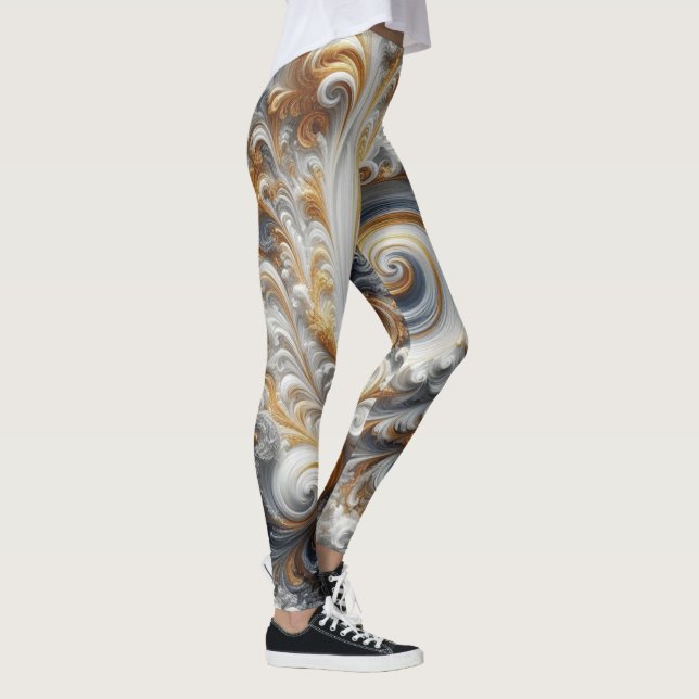 Abstraktes, modernes Swirbelgold, Schwarz und Weiß Leggings (Rechts)