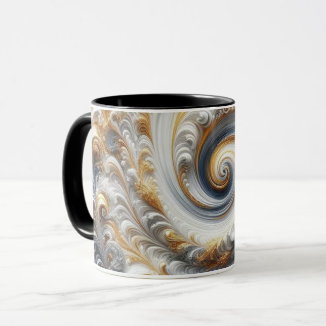 Abstraktes, modernes Swirbelgold, Schwarz und Weiß Tasse (Vorderseite Links)