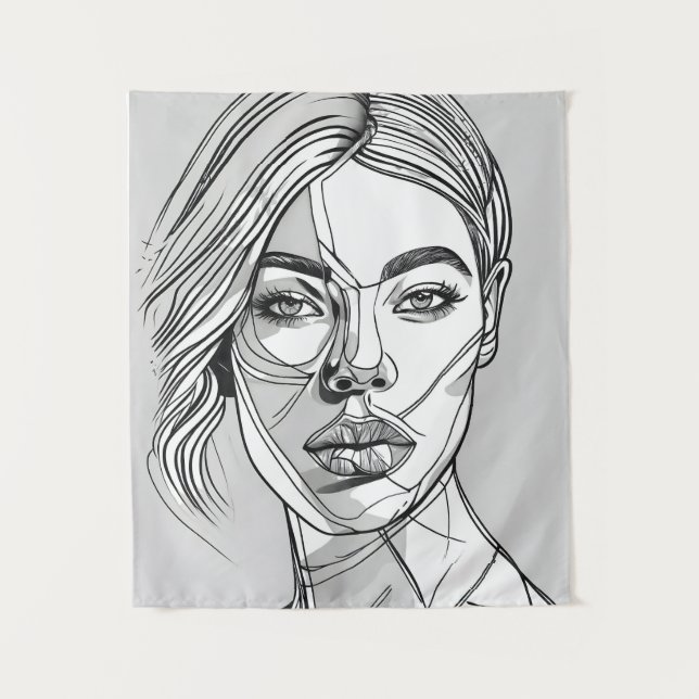 Abstraktes Monchrome-Linie-Portrait Wandteppich (Vorderseite)