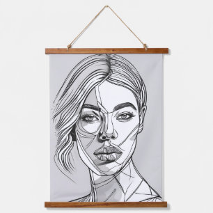 Abstraktes Monchrome-Linie-Portrait Wandteppich Mit Holzrahmen