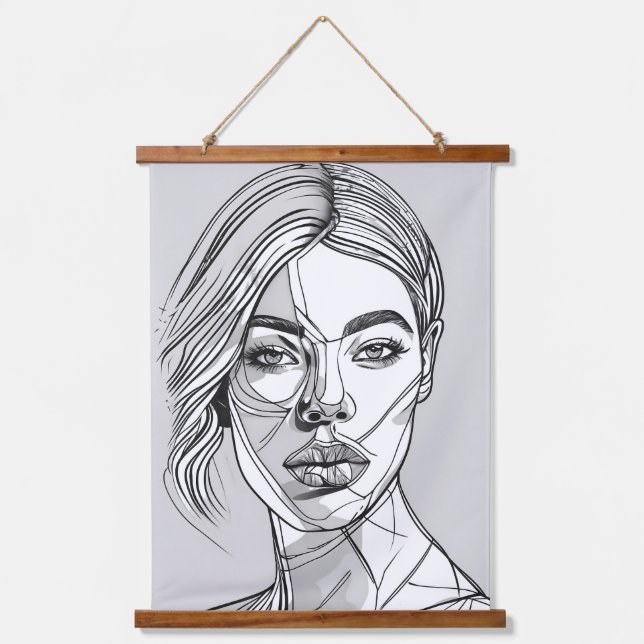 Abstraktes Monchrome-Linie-Portrait Wandteppich Mit Holzrahmen (Vorderseite)