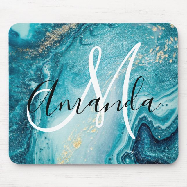 Abstraktes Monogramm aus blauem Marmor Mousepad (Vorne)