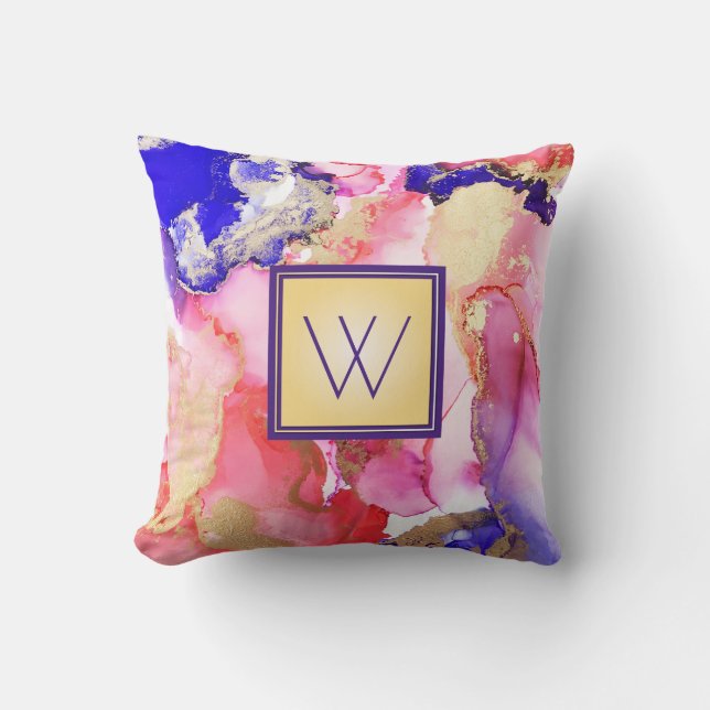 Abstraktes Monogramm Fluid Pink Lila Gold Metallic Kissen (Vorderseite)