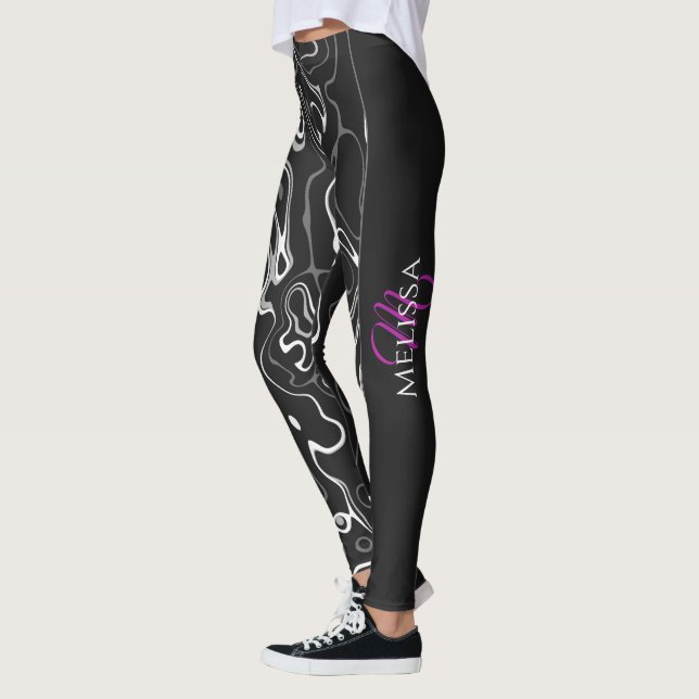 abstraktes Monogramm Schwarz-weißer Damaskus Leggings (Links)