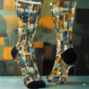 Abstraktes Mosaik in Blau und Gold Zeitgenössisch  Socken