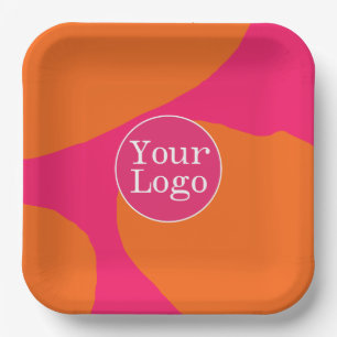 Abstraktes Motiv in Rosa und Orange mit Logo Pappteller