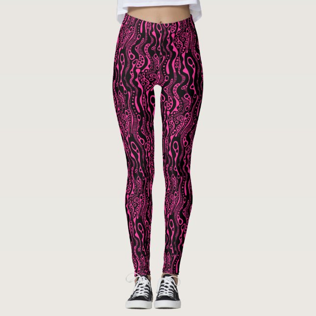 Abstraktes Muster 130621 - Schwarz/Heiß-Rosa Leggings (Vorderseite)