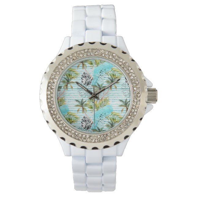 Abstraktes Muster der Wasserfarbenpalme Armbanduhr (Vorderseite)
