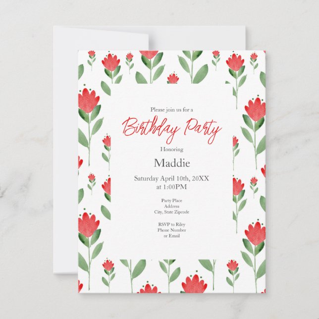Abstraktes Muster für Red Watercolor-Blume Einladung (Vorderseite)