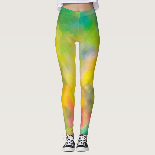 Abstraktes Muster gelber und grüner botanischer Ku Leggings (Vorderseite)