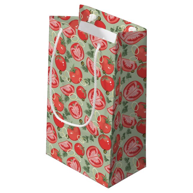 Abstraktes Muster mit Tomate Kleine Geschenktüte (Rückseite Schrägansicht)