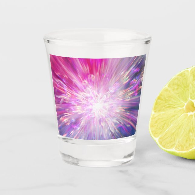 Abstraktes neon-pinkes und blaues Energie-Explosio Schnapsglas (Vorderseite)