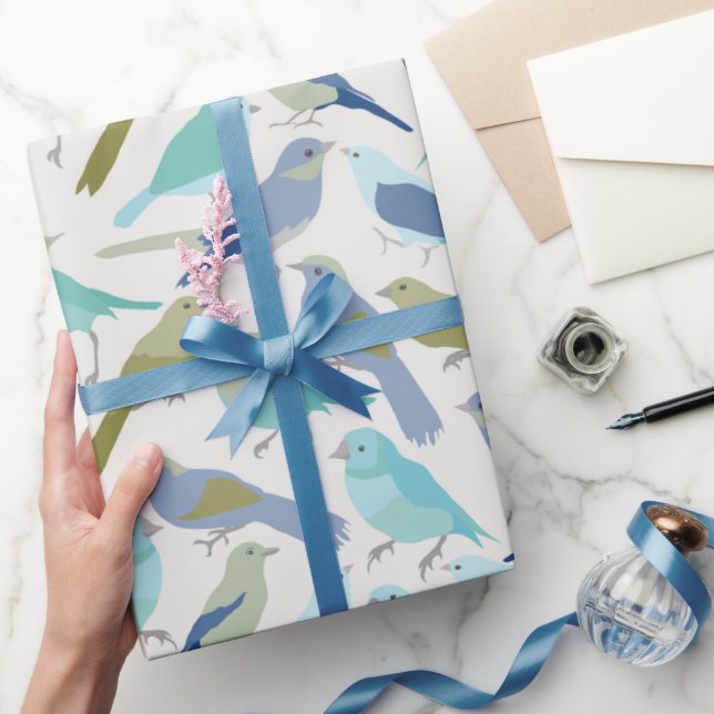 Abstraktes Niedliches Blaues und Grünes Vogelgefle Geschenkpapier (Schenken)