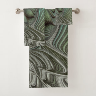 Abstraktes Olive Sage Green Grau Fraktal Art Fanta Badhandtuch Set