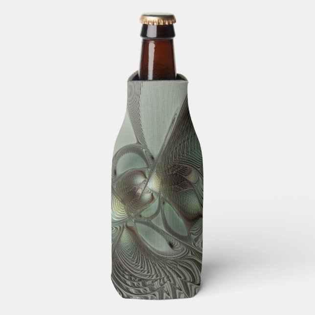 Abstraktes Olive Sage Green Grau Fraktal Art Fanta Flaschenkühler (Flaschenvorderseite)