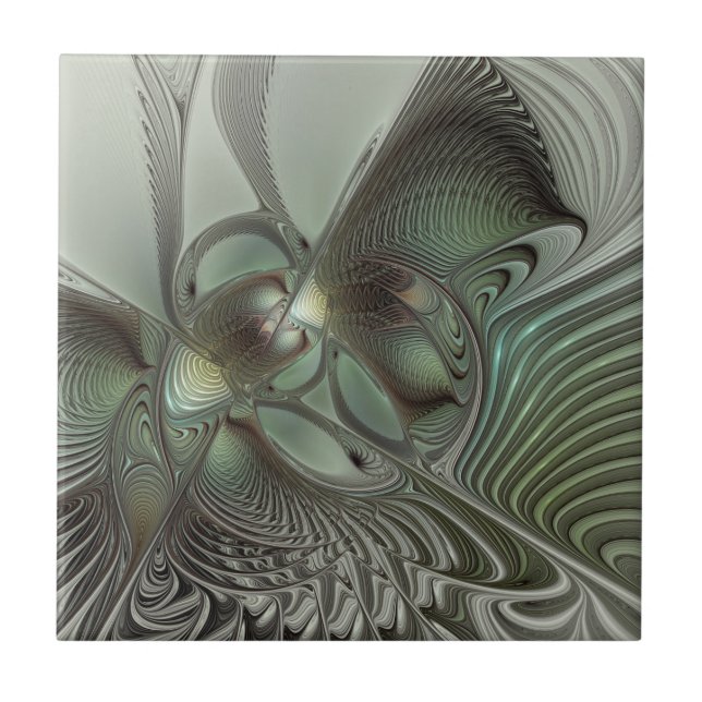 Abstraktes Olive Sage Green Grau Fraktal Art Fanta Fliese (Vorderseite)