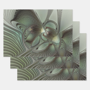 Abstraktes Olive Sage Green Grau Fraktal Art Fanta Geschenkpapier Set