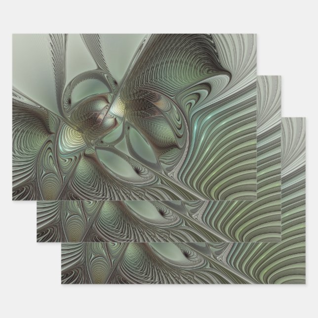 Abstraktes Olive Sage Green Grau Fraktal Art Fanta Geschenkpapier Set (Set)