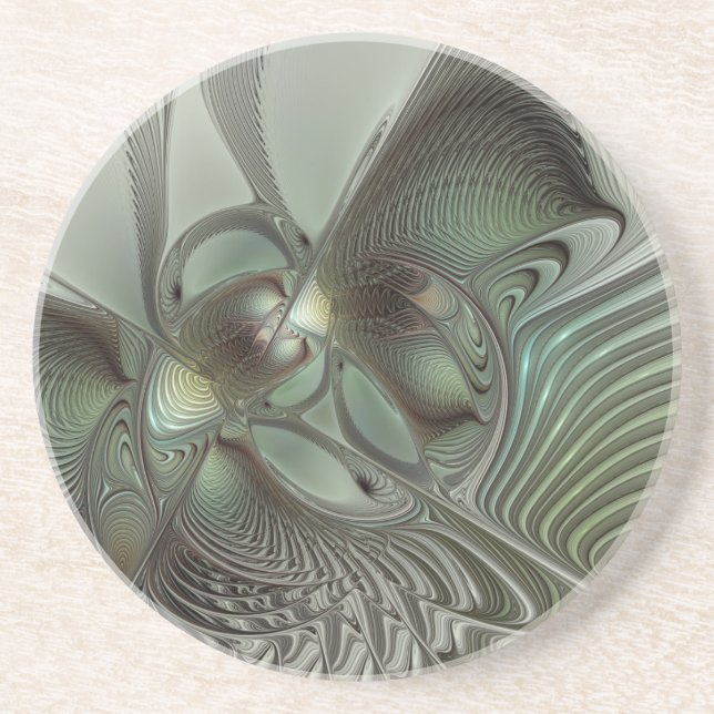 Abstraktes Olive Sage Green Grau Fraktal Art Fanta Getränkeuntersetzer (Vorne)