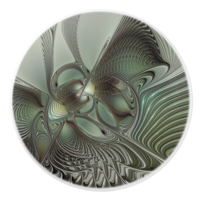 Abstraktes Olive Sage Green Grau Fraktal Art Fanta Keramikknauf (Vorderseite)