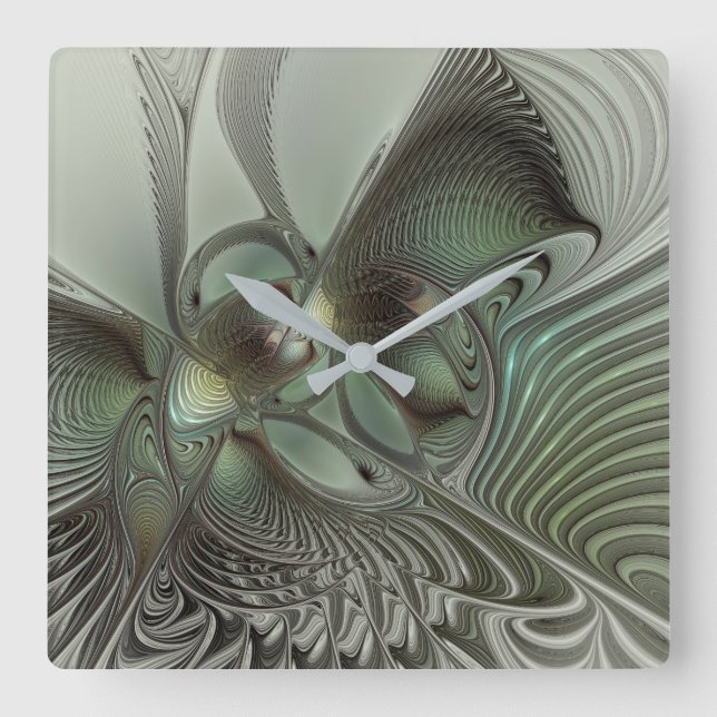 Abstraktes Olive Sage Green Grau Fraktal Art Fanta Quadratische Wanduhr (Vorderseite)