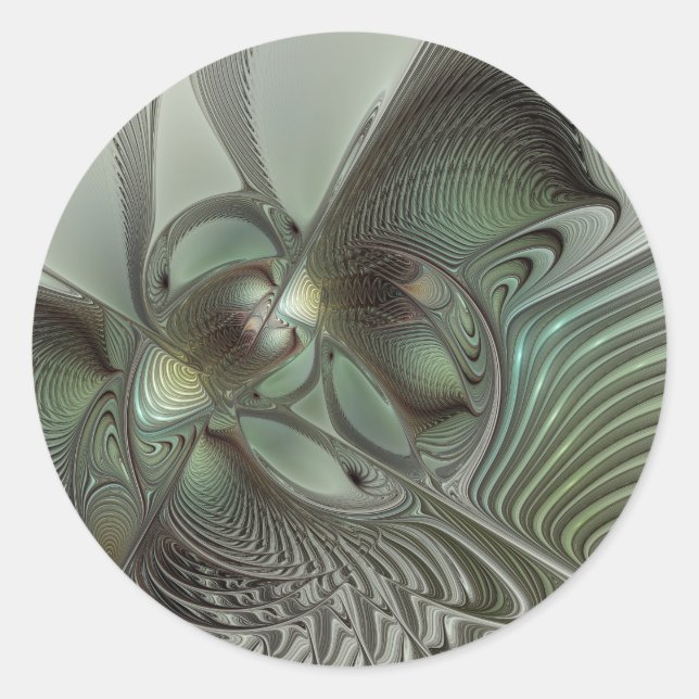 Abstraktes Olive Sage Green Grau Fraktal Art Fanta Runder Aufkleber (Vorderseite)