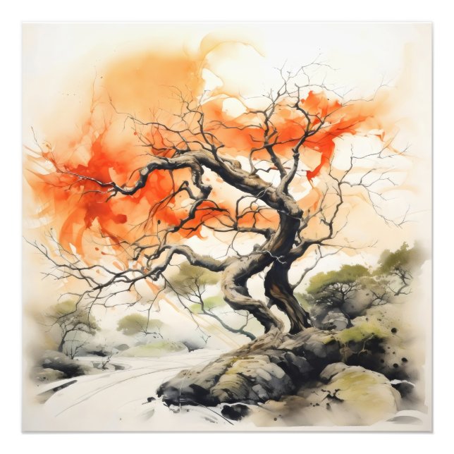 Abstraktes Orange Tree Tinte Gemälde Fotodruck (Vorne)