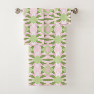 Abstraktes Pastell Grün und Rosa geometrisches Mus Badhandtuch Set