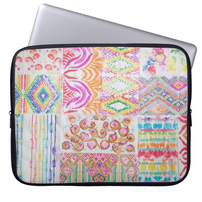 Abstraktes Patchwork, Aquarellmuster gefärbte Kraw Laptopschutzhülle (Vorderseite)
