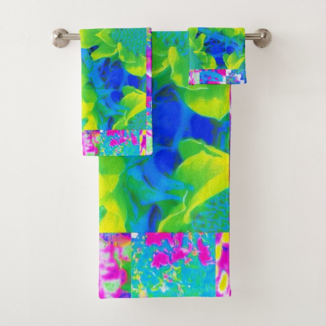 Abstraktes Patchwork Sonnenblumengarten Collage Badhandtuch Set (Insitu)