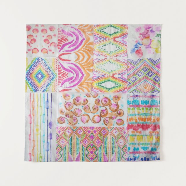 Abstraktes Patchwork, Wasserfarbene Tie-Dye-Muster Wandteppich (Vorderseite)