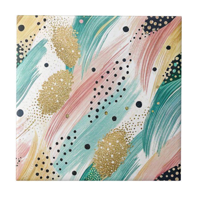 Abstraktes Pinselstrich- und Dotmuster - Goldener  Fliese (Vorderseite)