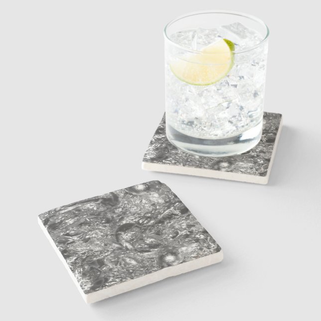 Abstraktes PURE SILVER-Muster + Text/Foto Steinuntersetzer (Seitenansicht)