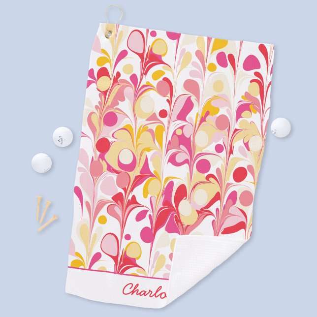 Abstraktes Retro-Muster Rosa Personalisiert Golfhandtuch (Modern retro marble pattern pink personalized name golf towel)