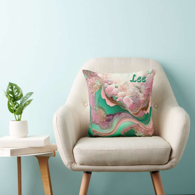 Abstraktes Rosa und Aquamarines Verdigris 18. Kissen (Stuhl )