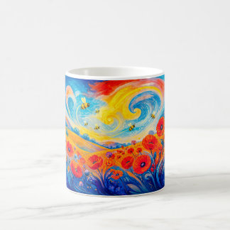 Abstraktes rotes blaues Mohnfeld mit Bienen Kaffeetasse