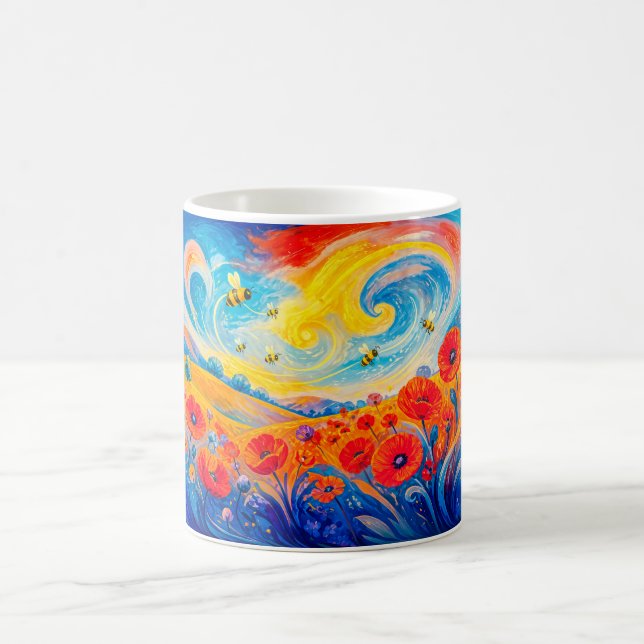 Abstraktes rotes blaues Mohnfeld mit Bienen Kaffeetasse (Mittel)