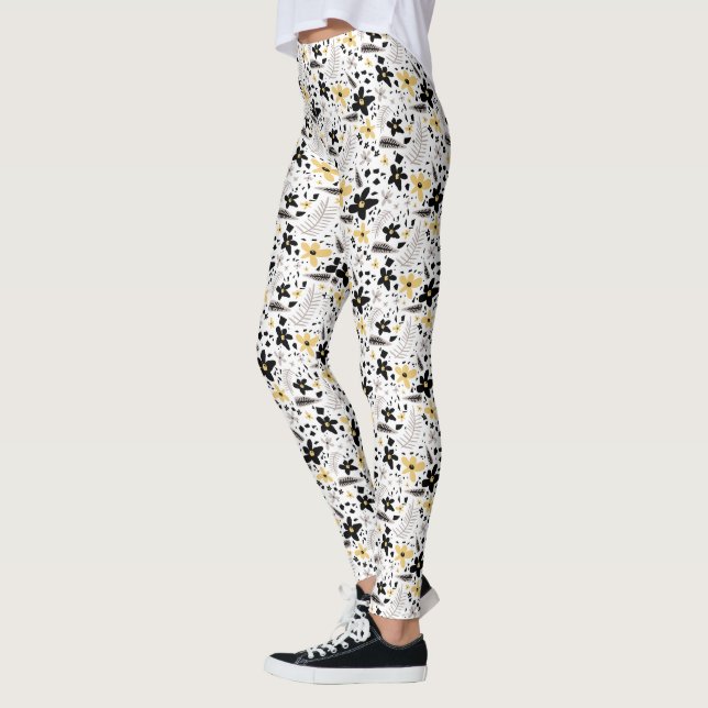 Abstraktes Schwarz-Gelb-Graues Blumenmuster Leggings (Links)