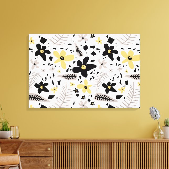 Abstraktes Schwarz-Gelb-Graues Blumenmuster Leinwanddruck (Insitu (Wohnzimmer))