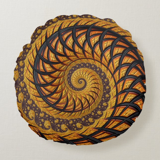 Abstraktes Schwarz-Gold-Spiral-Fraktal Rundes Kissen (Vorderseite)