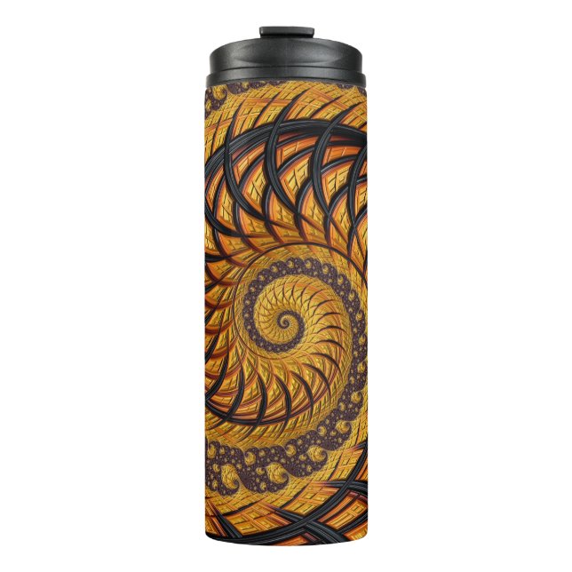Abstraktes Schwarz-Gold-Spiral-Fraktal Thermosbecher (Vorderseite)