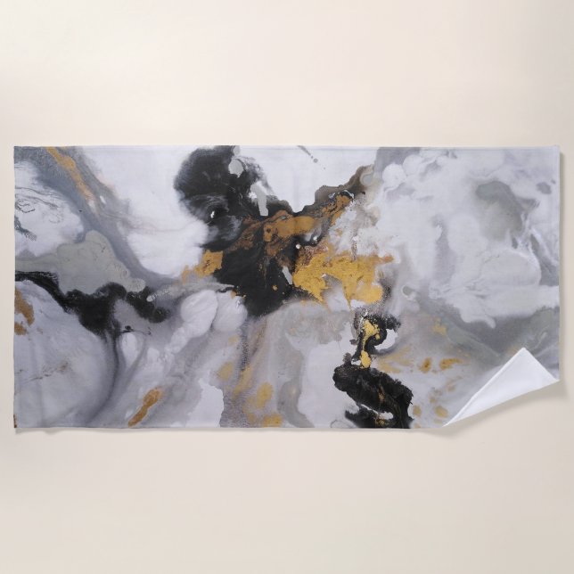 Abstraktes Schwarz, Gold und Grau Strandtuch (Vorderseite)