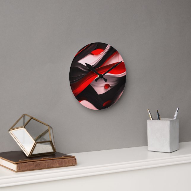 Abstraktes Schwarz & Rot Design Moderne Elegant fü Runde Wanduhr (Büro)