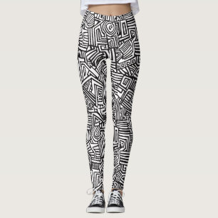 Abstraktes Schwarz-Weiß-Geometrisches Linienmuster Leggings