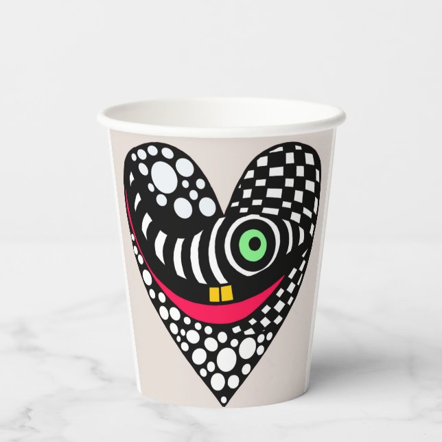 Abstraktes Schwarz/Weiß-Herz Pappbecher (Rückseite)